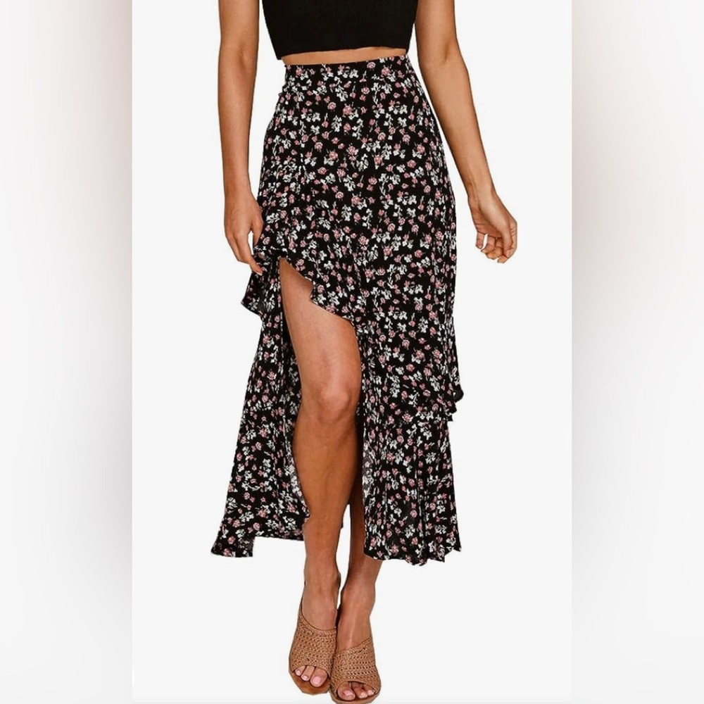 Floral print ruffle maxi skirt